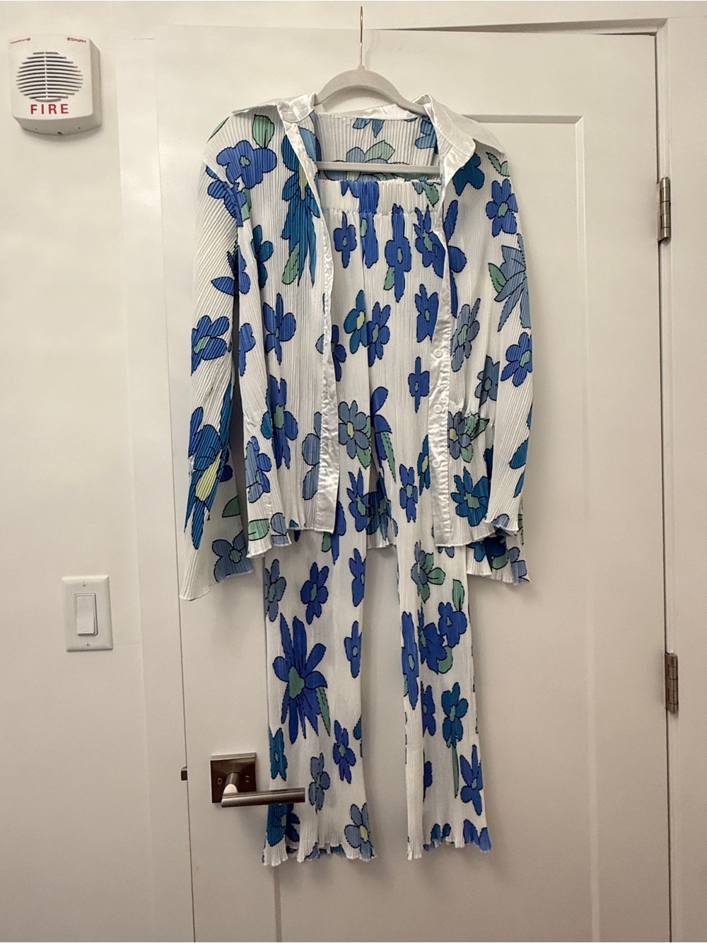 Amazon White Floral Pleated Two-Piece Top Set in Blue and Green